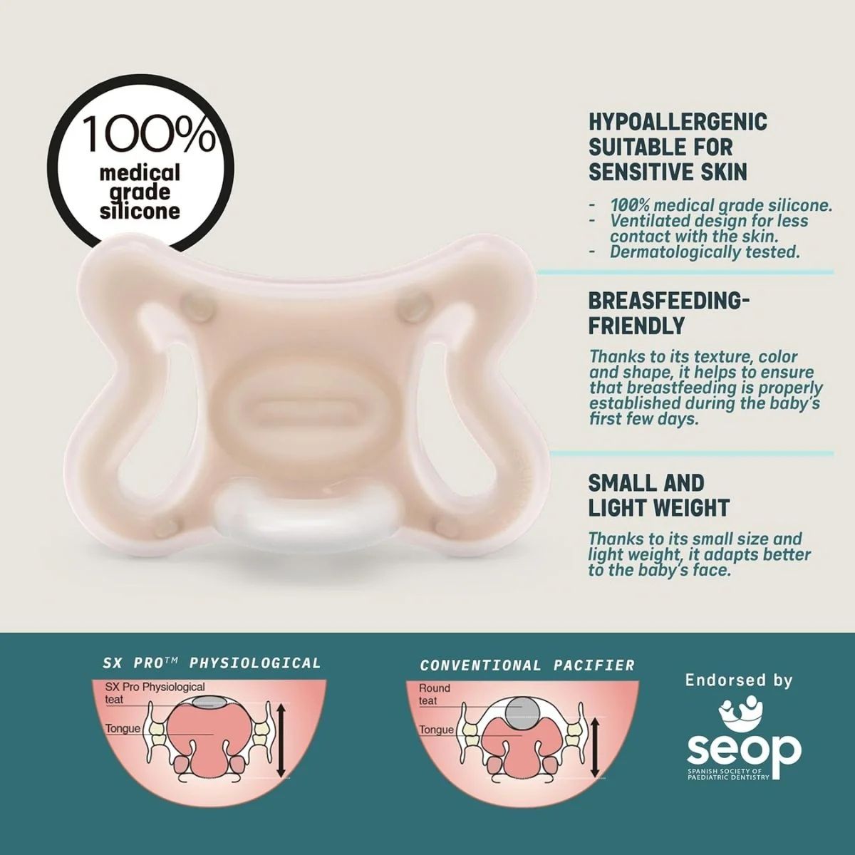 Suavinex Zero.Zero Silicone Pacifier SX Pro 0-6M - Fair Tone - Supports Natural Oral Development